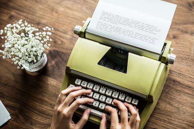 Hands typing text on a typewriter