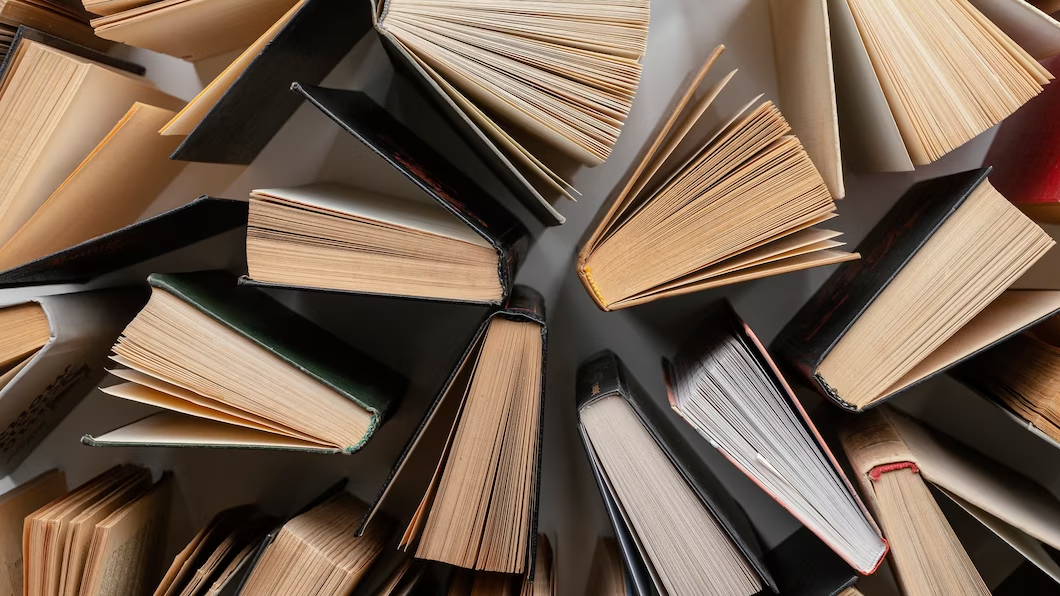 Aerial view of upright books.