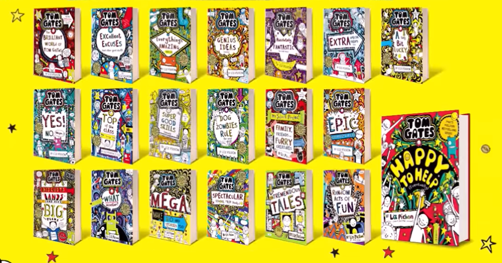 Tom Gates all books titles on yellow background