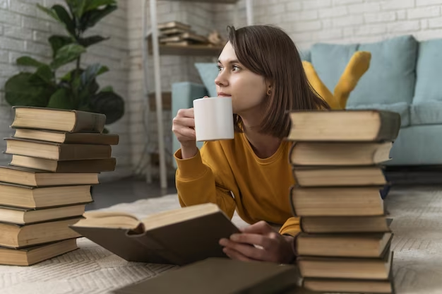 The girl is holding a mug and reading books