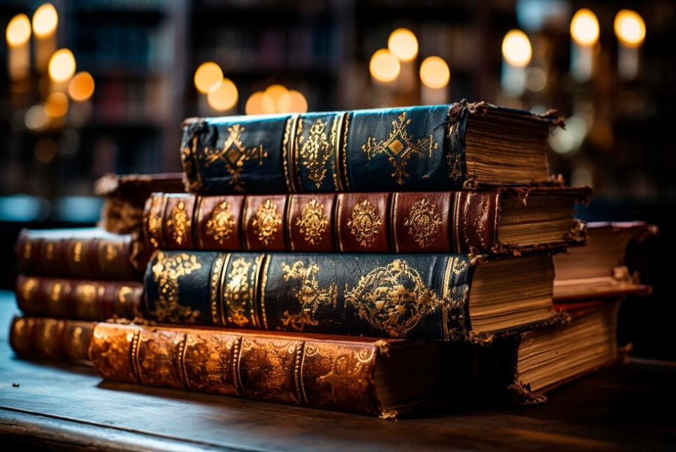 old books covered with gold on a wooden table and lights behind