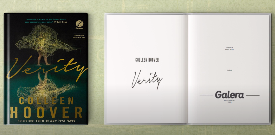 The book "Verity" by Colleen Hoover displayed with its cover on the left and the first page visible on the right